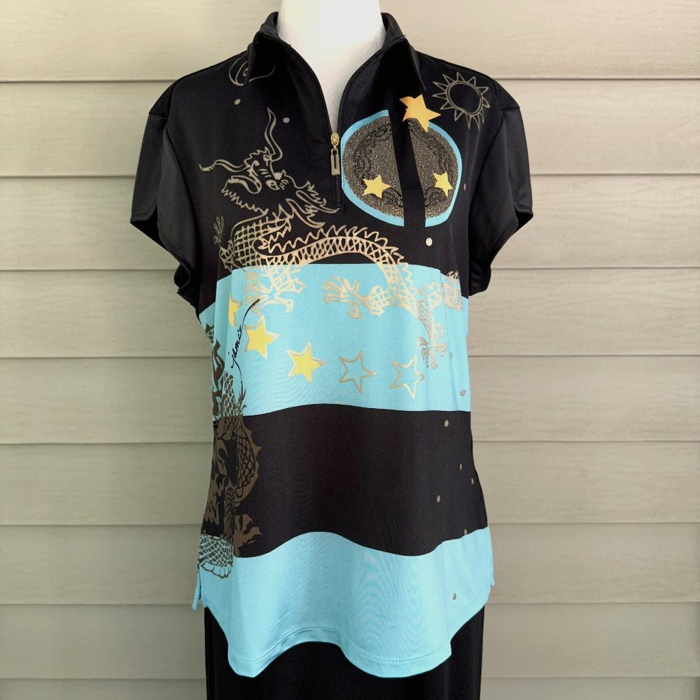 Jamie Sadock Art Wear Golf Polo Performance Top Dragon Stars Black Blue Size M